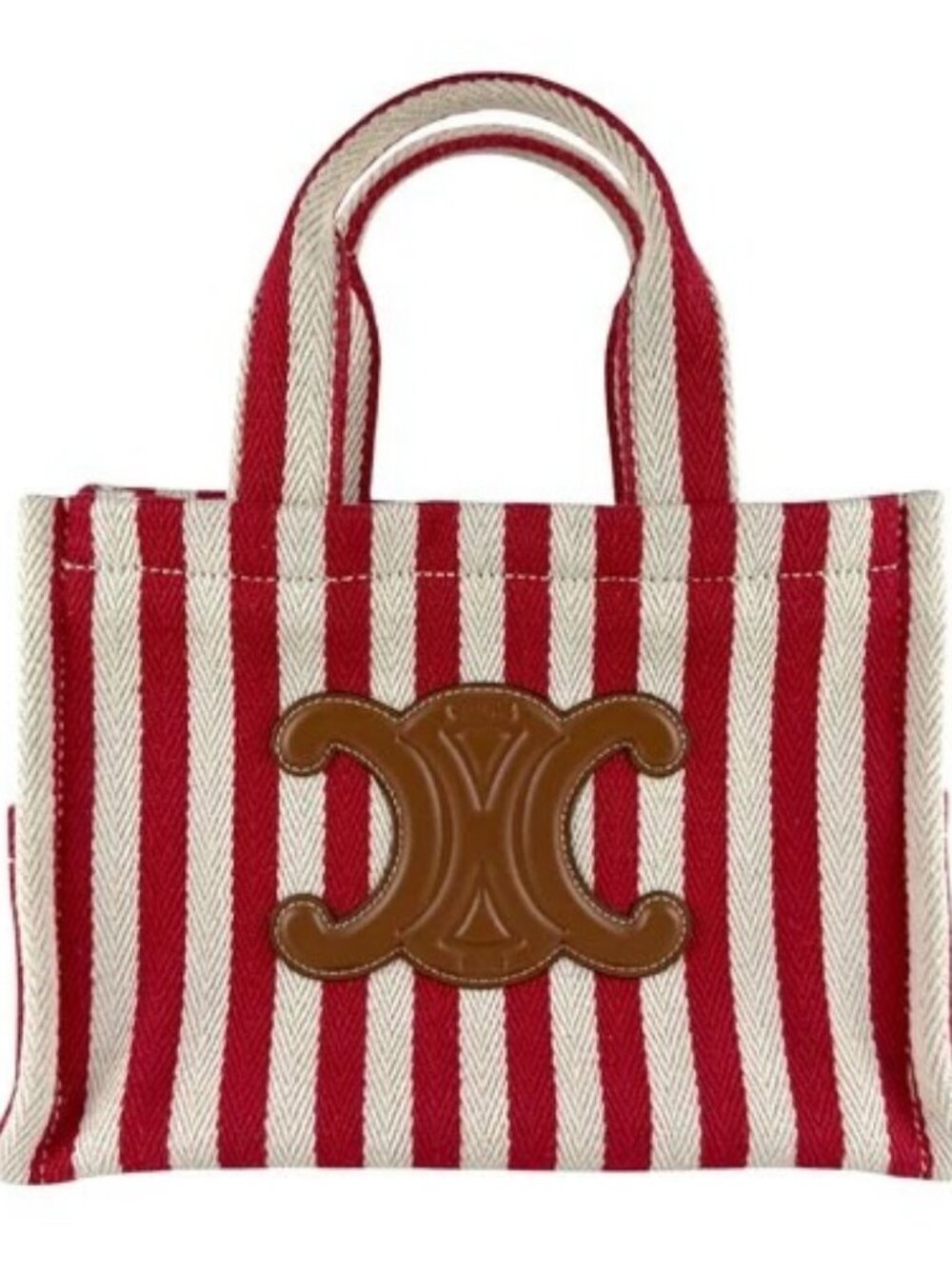 Auth CELINE Small Cabas Thais Handbag Shoulder Bag Red/White/Brown Canvas z9960